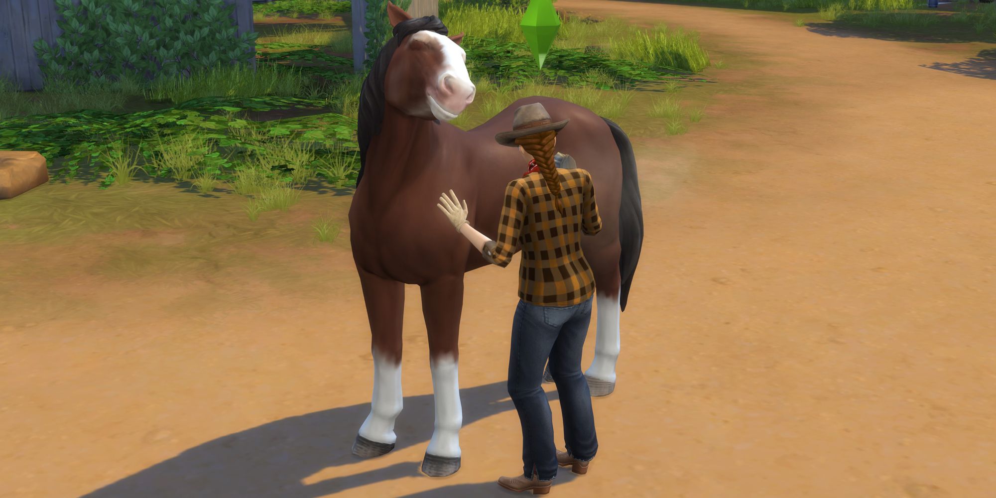 A sim brushing an elder horse in The Sims 4. The horse has its eyes closed, looking comfortable and happy.