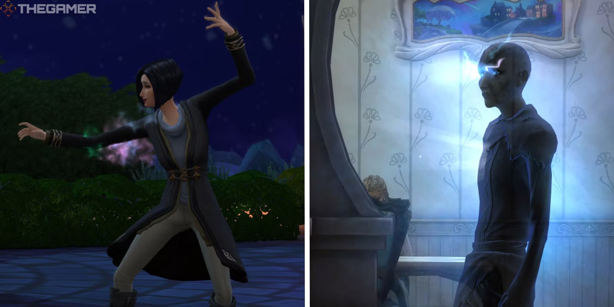 split image showing spellcaster using a spell, next to image of night wraith
