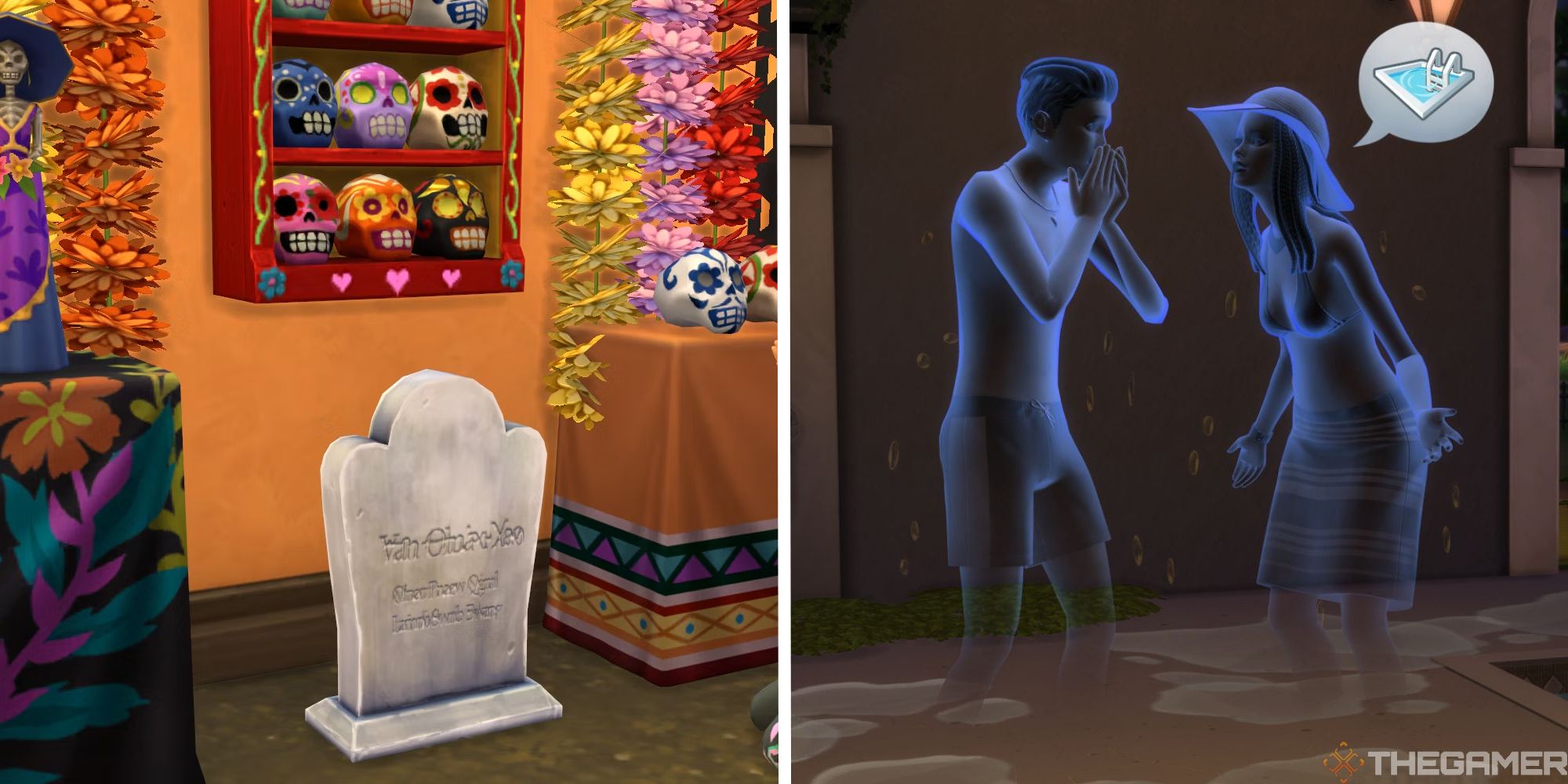 split image showing gravestone next to image of two blue sims talking about the pool