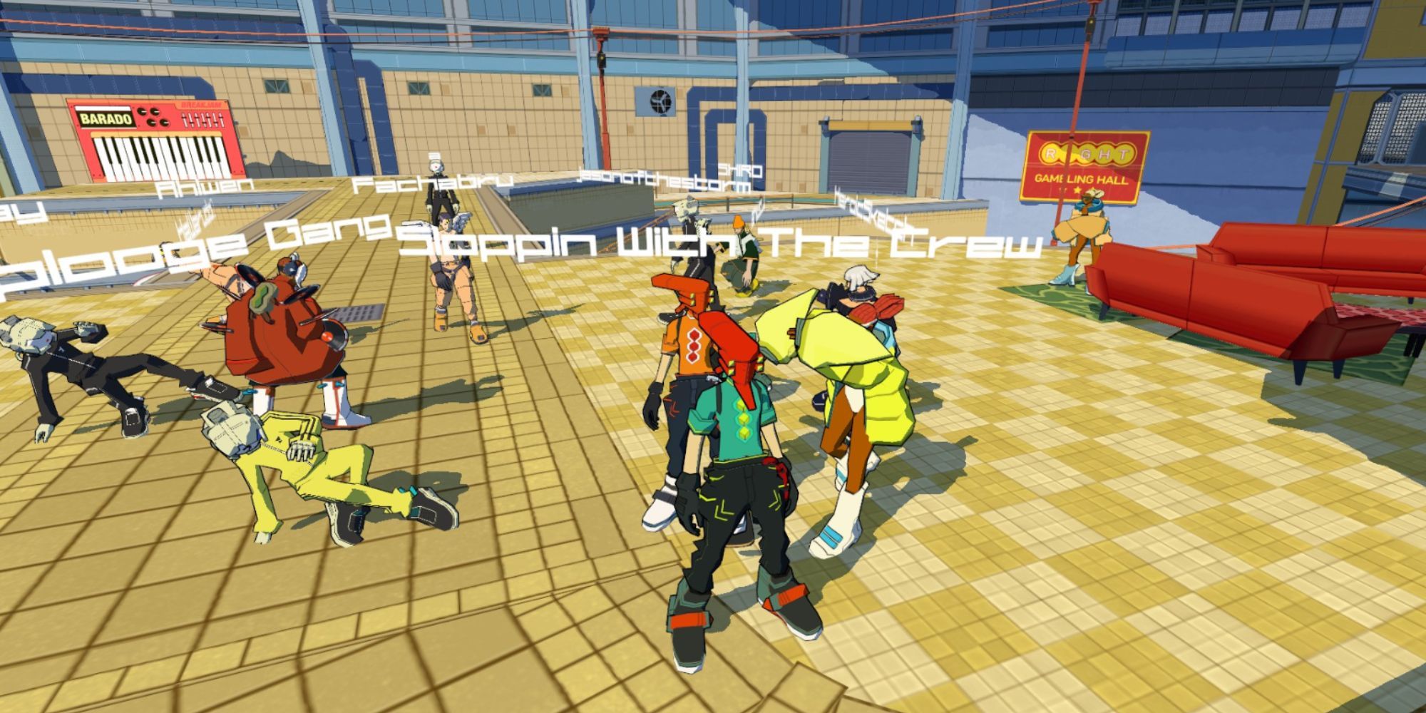 A group of Bomb Rush Cyberfunk players near one another in a multiplayer lobby.