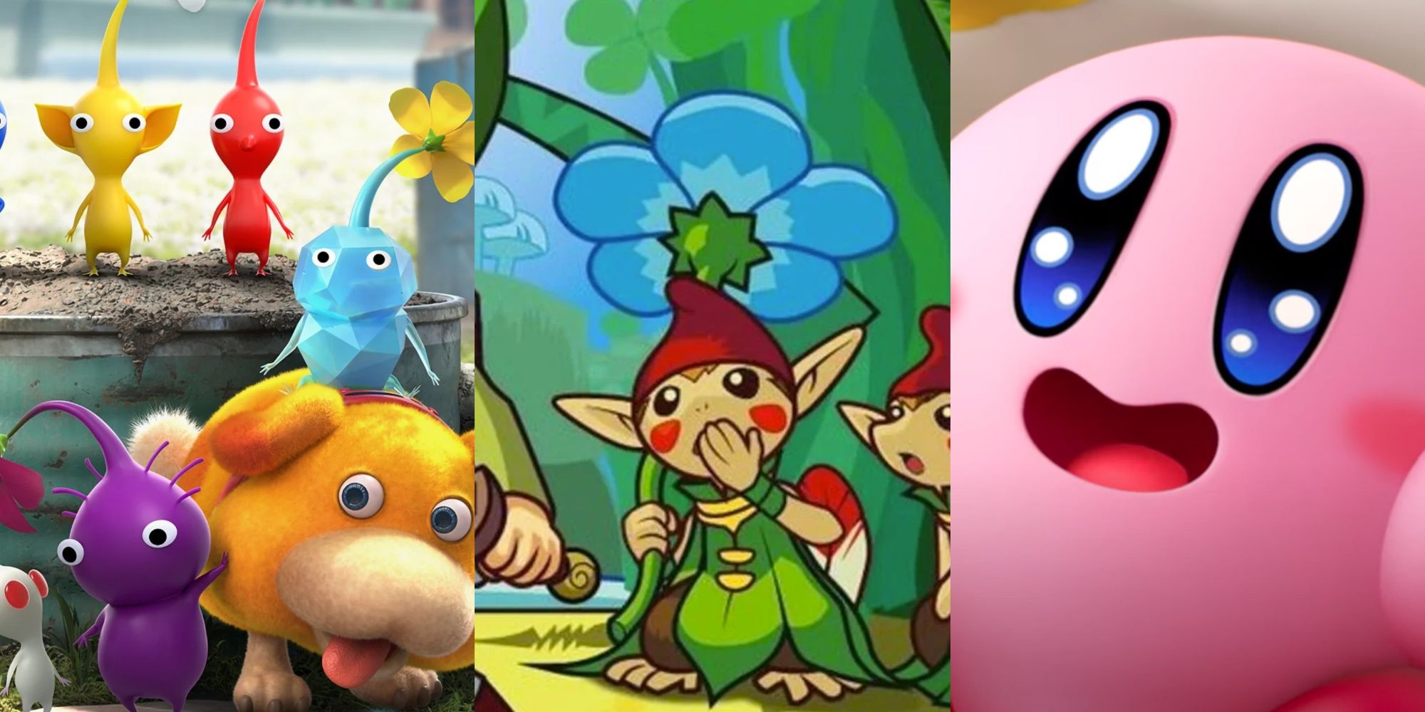 Pikmin, Minish with a flower, and Kirby
