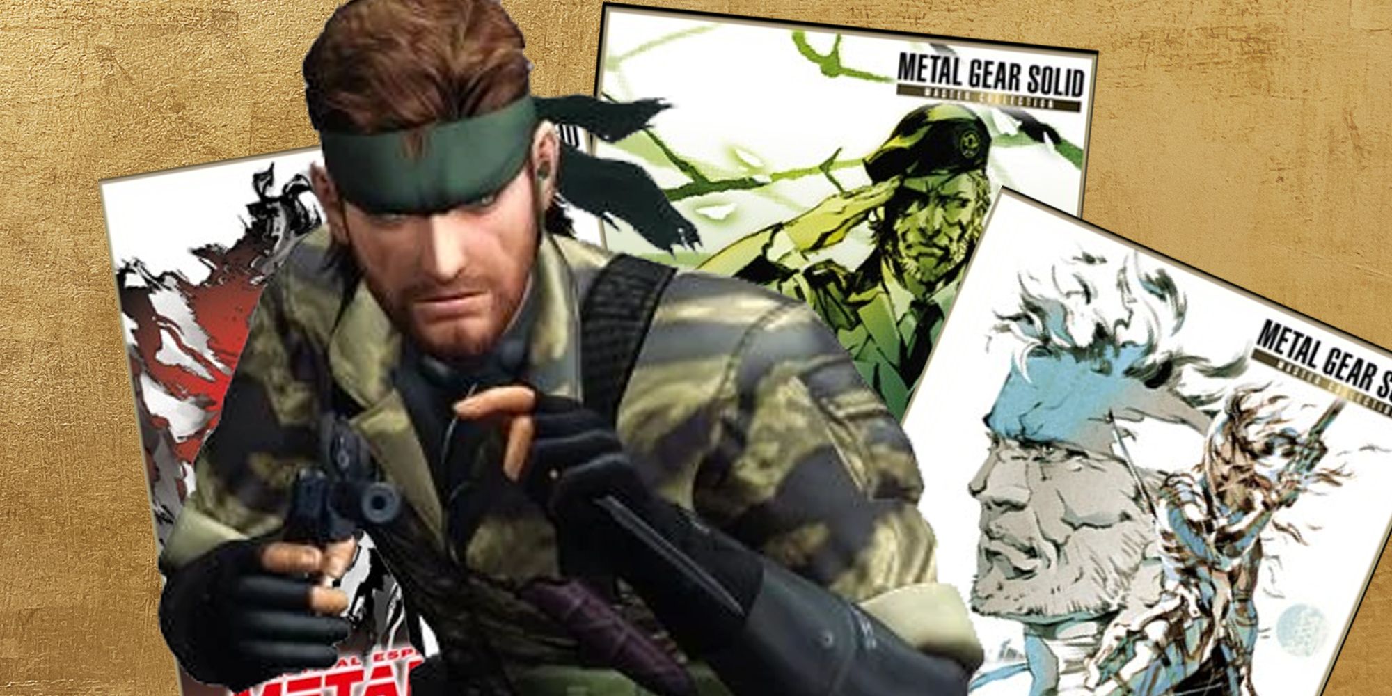 snake standing in front of the games included in the metal gear solid master collection