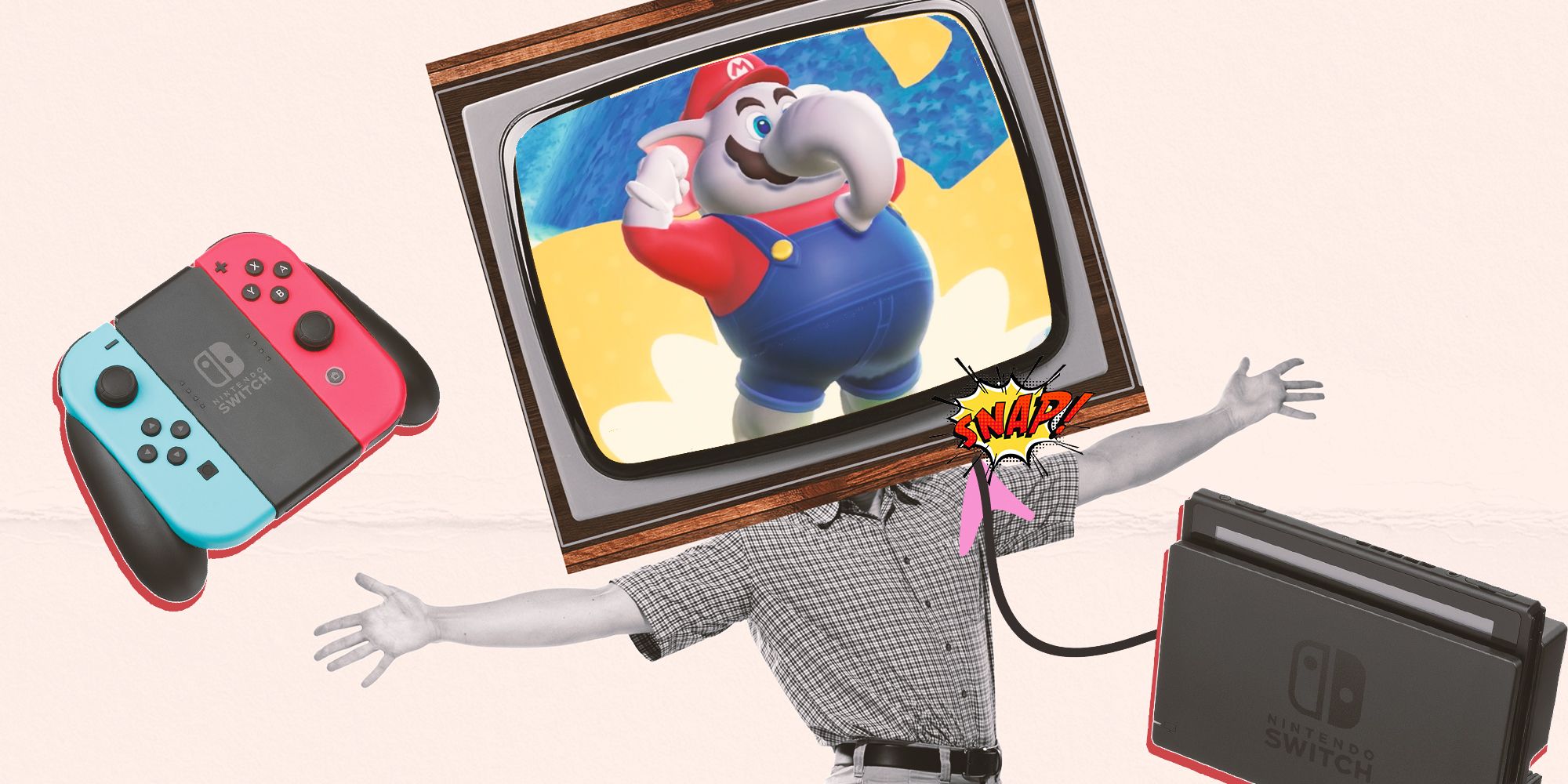 someone with an elephant mario tv as a head between a switch controller and docked switch