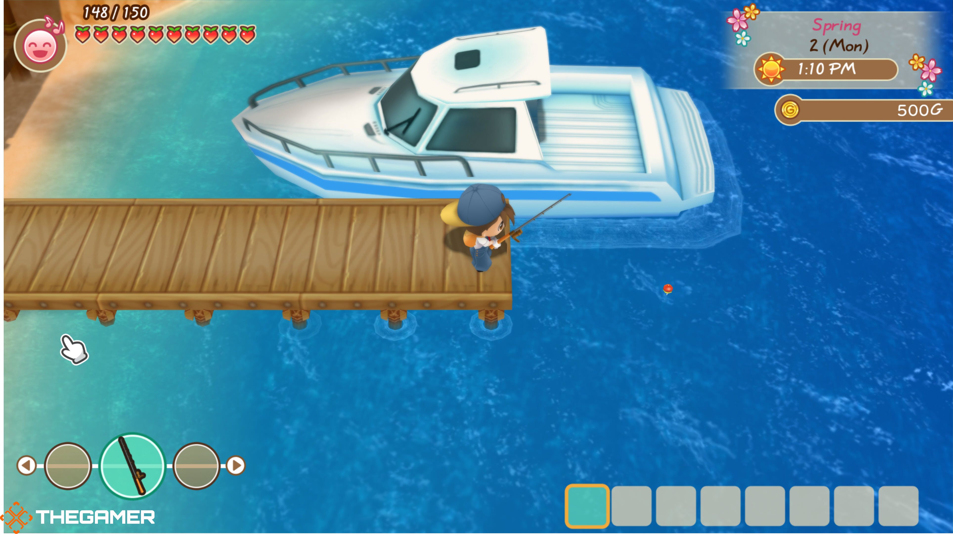 Player casting the Fishing Rod on a pier in Story of Seasons: Friends of Mineral Town