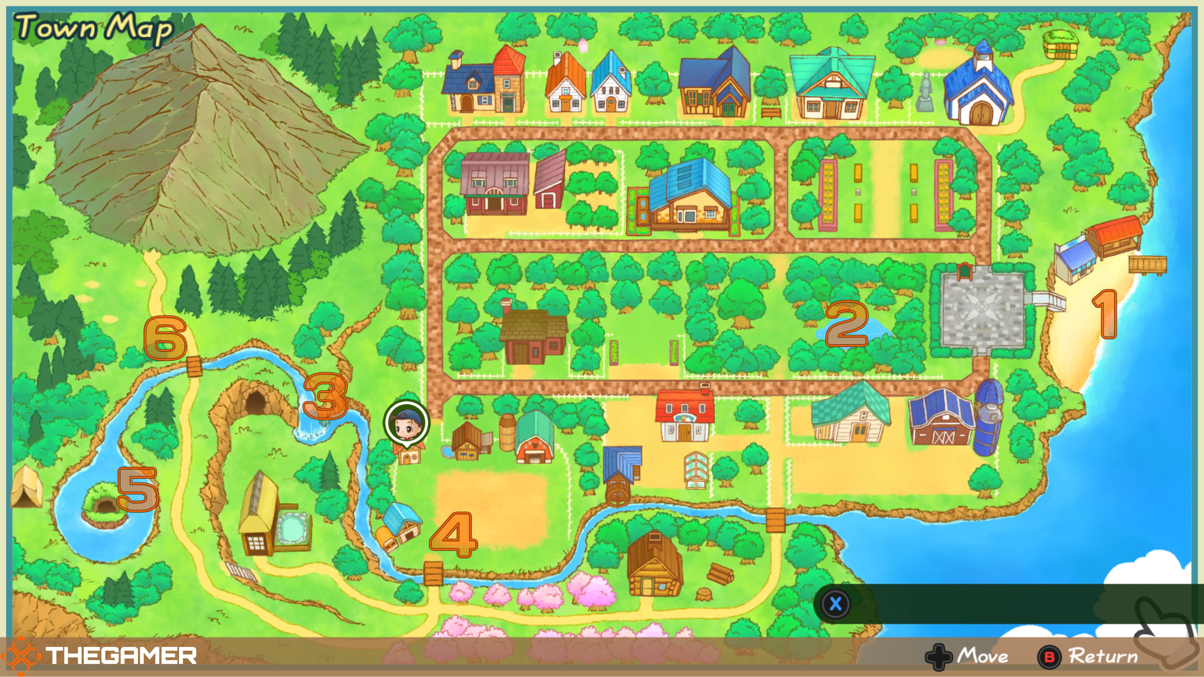Map of all fishing spots in Story of Seasons: Friends of Mineral Town