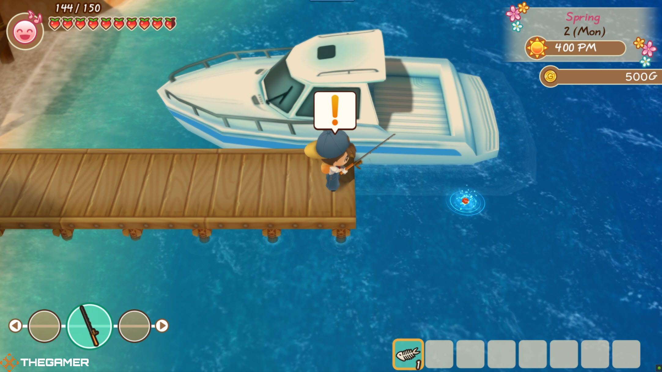 The player catching fish on a pier in Story of Seasons: Friends of Mineral Town