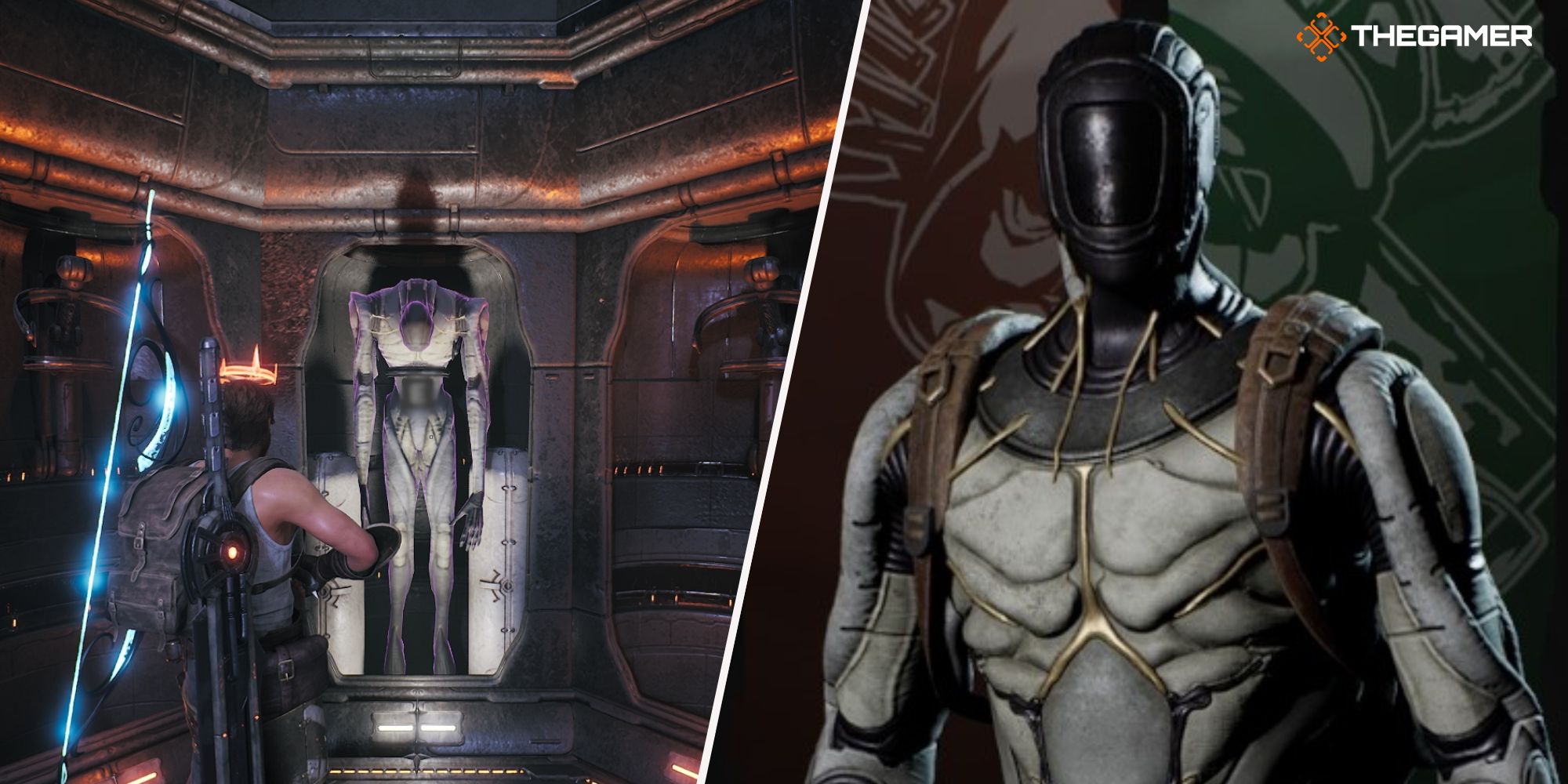 A collage image of a character aiming at an automaton, and the Space Worker Armor Set in Remnant 2.