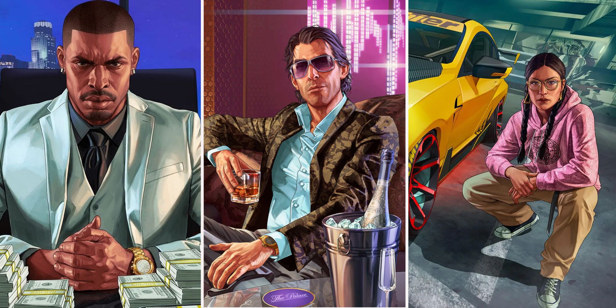 Split image of GTA Online business battle nightclub Los Santso summer DLC official artworks