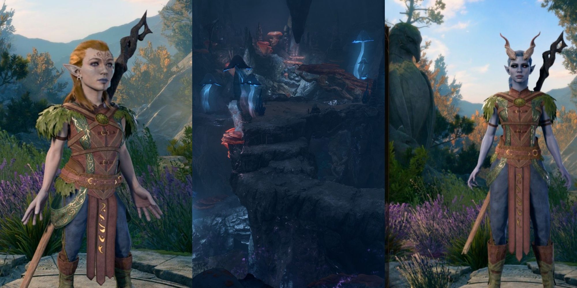 Split images of a Druid, the Underdark, and a Tiefling Druid in Baldur’s Gate 3.