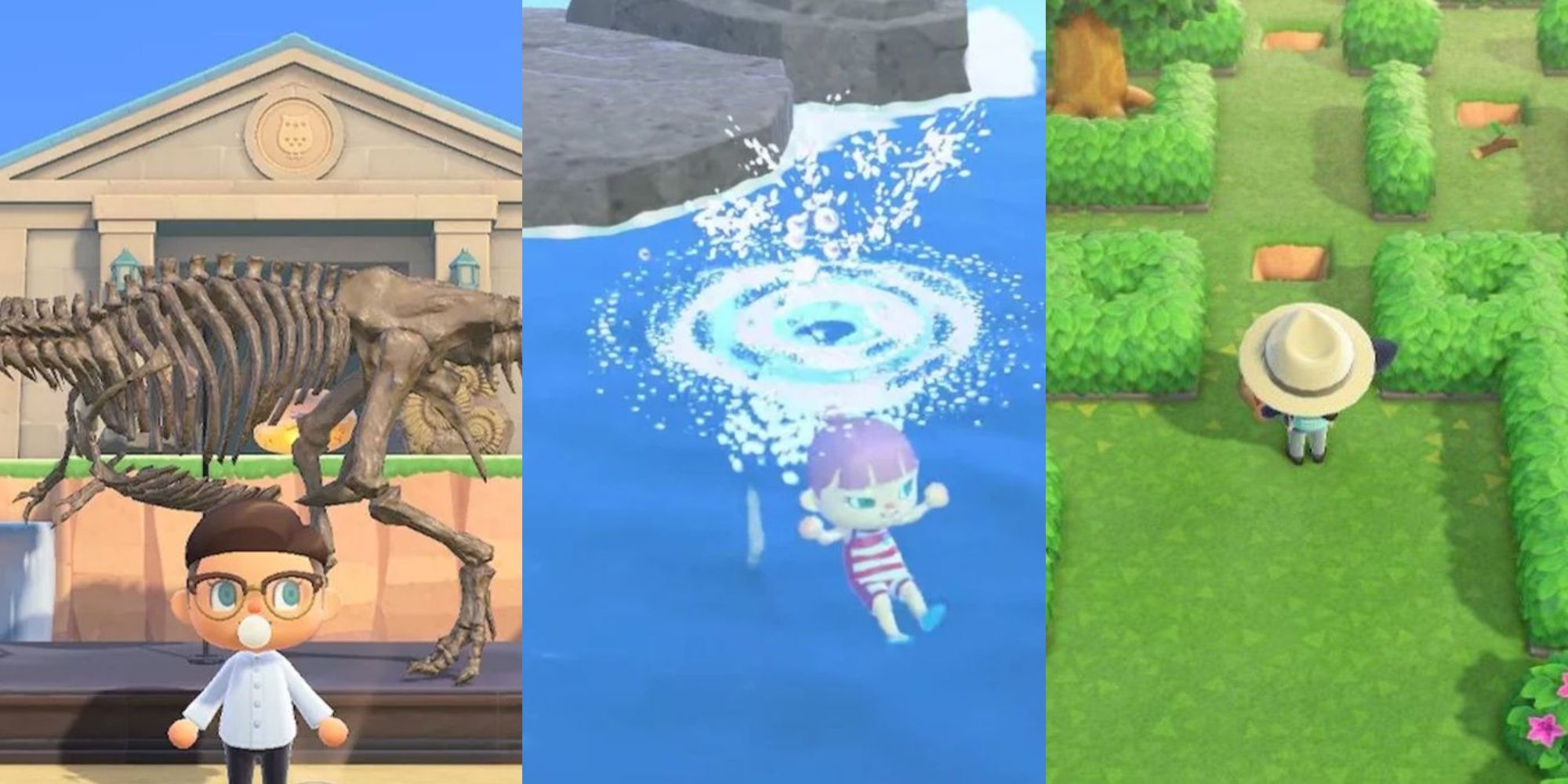 Split images of an Animal Crossing New Horizons player in front of a dinosaur fossil, underwater, and in a maze