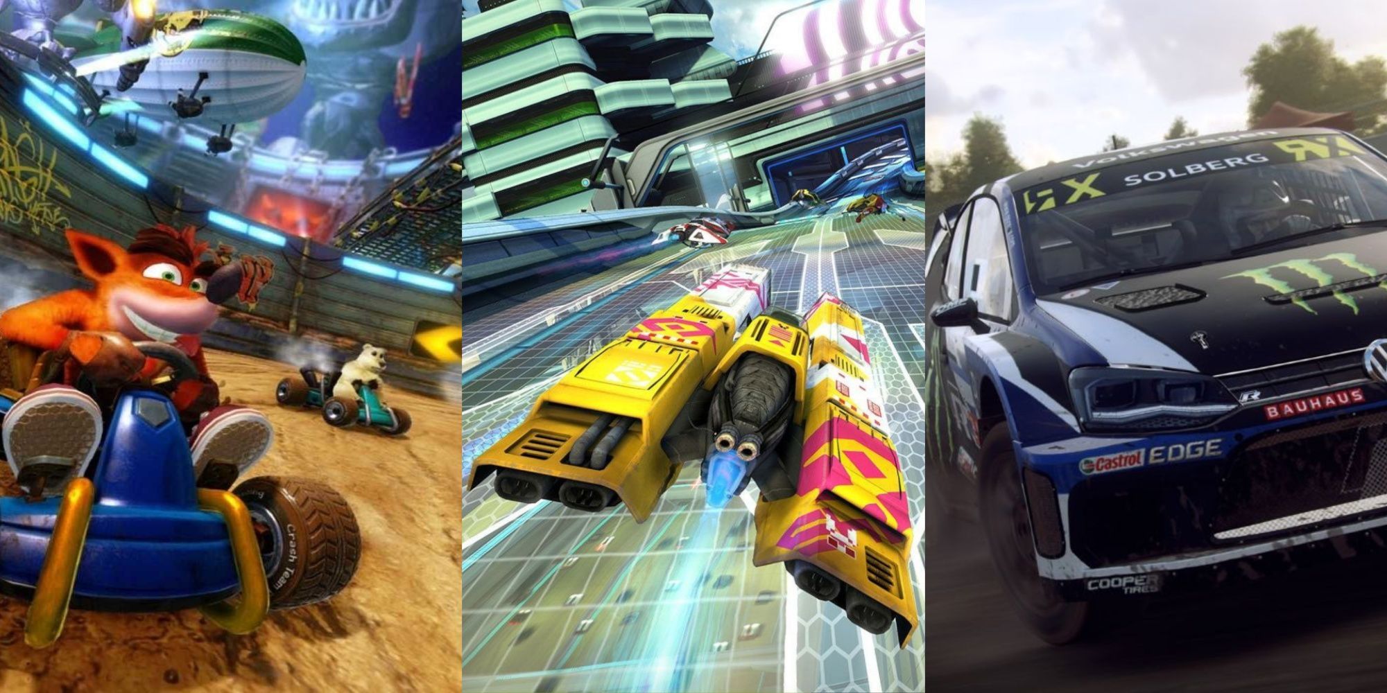 Split images of Crash Team Racing Nitro-Fueled, Wipeout Omega Collection, and Dirt Rally 2.0