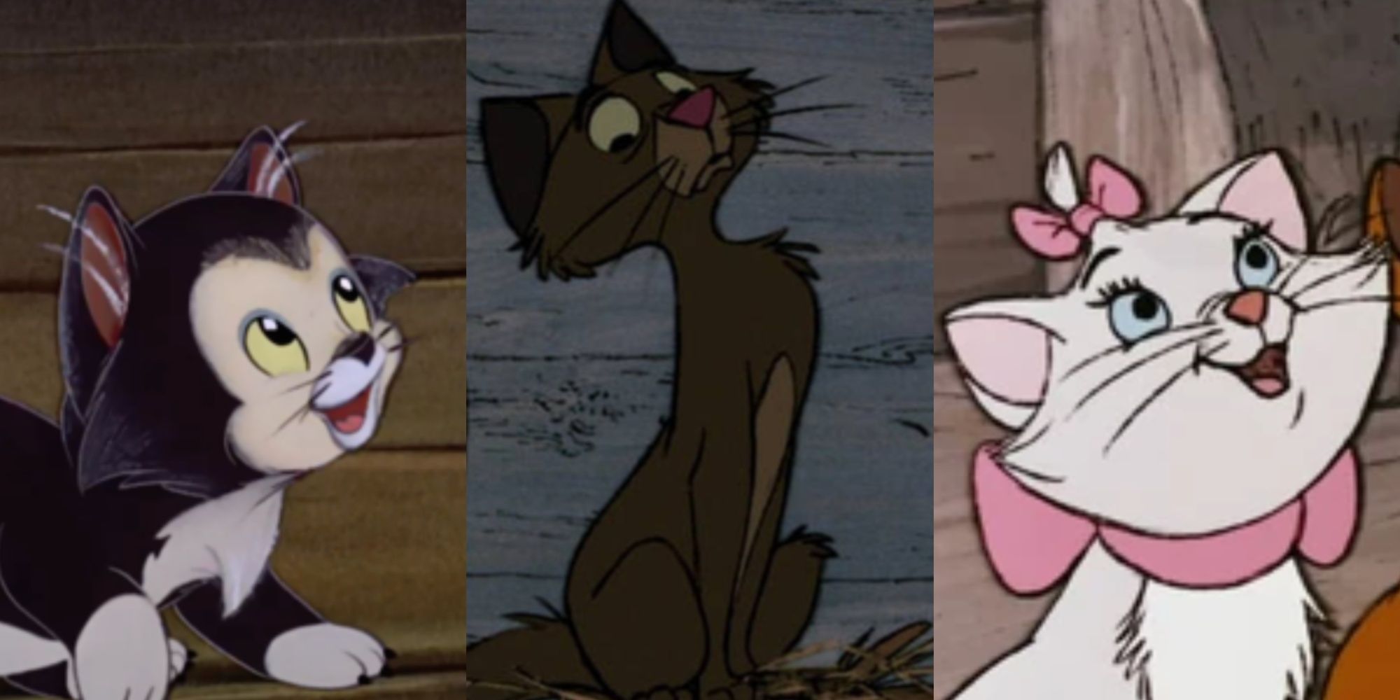 Split images of Figaro in Pinocchio, Sergeant Tibbs in One Hundred and One Dalmatians, and Marie in The Aristocats