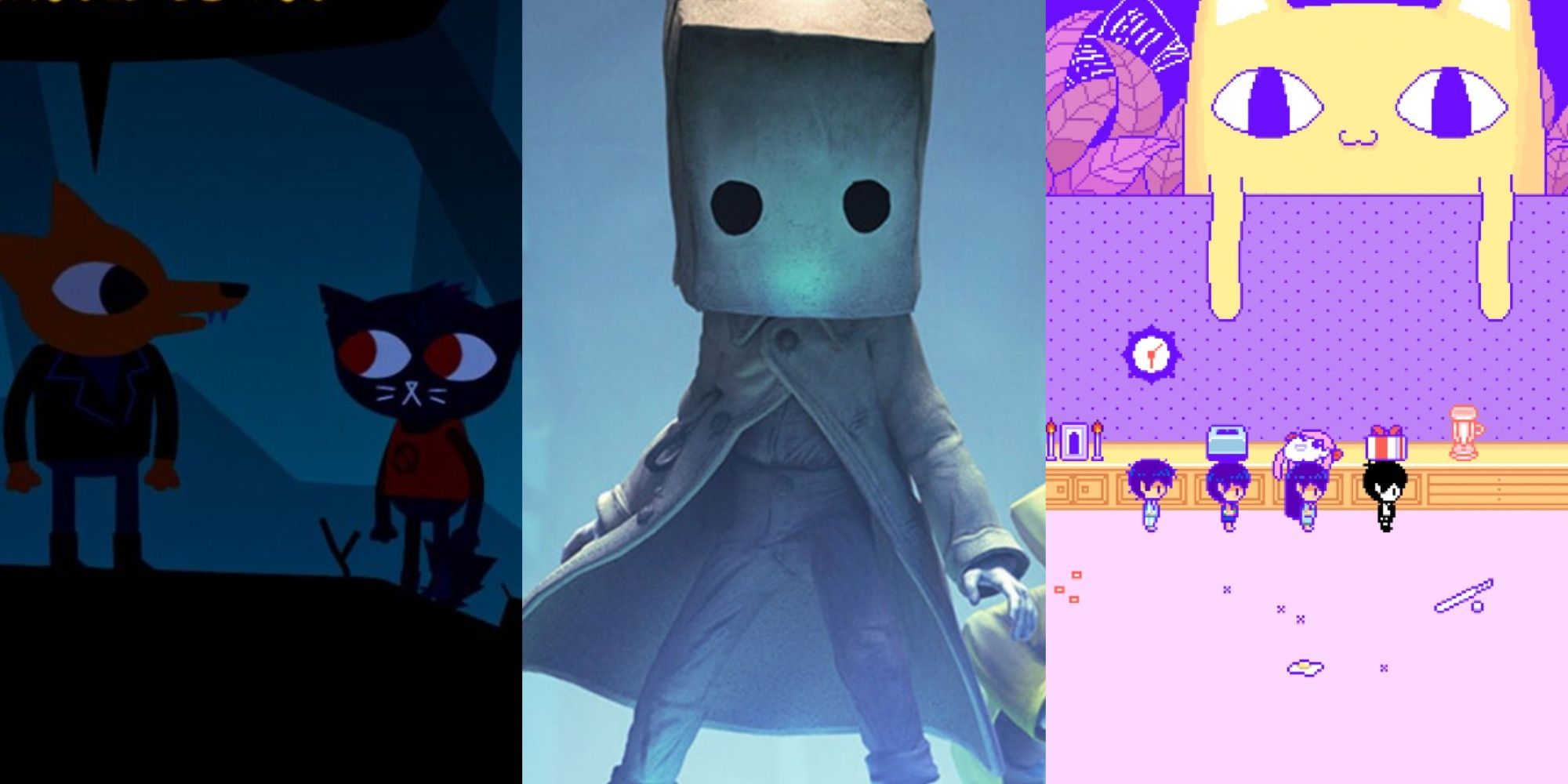 Split images of Greg and Mae in Night in the Woods, Mono in Little Nightmares, and the party in Omori