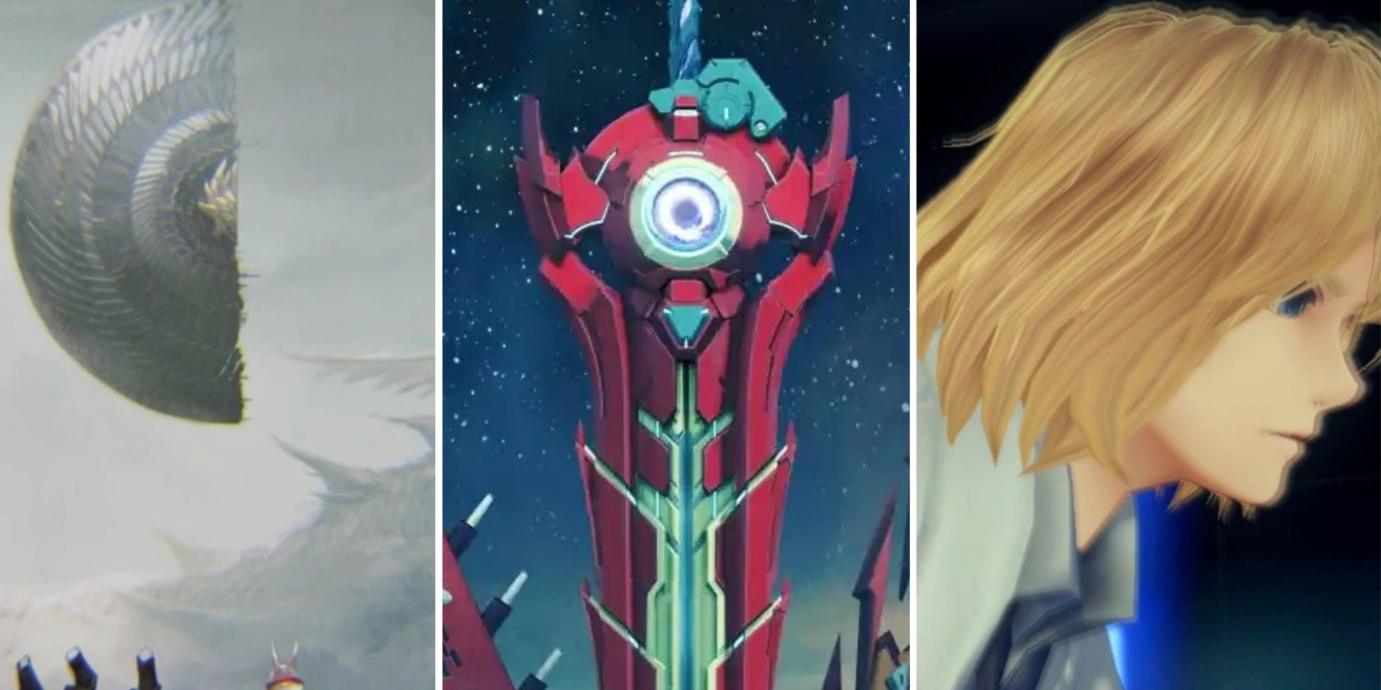 Split images of Origin, Lucky Seven, and Klaus in Xenoblade Chronicles