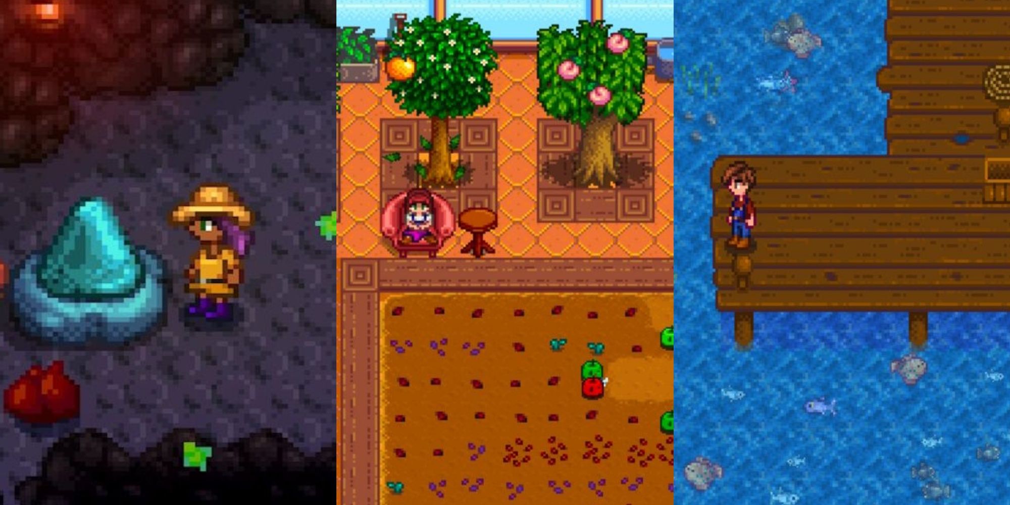 Split images of player looking at a node in one of the levels of the mines, Player sitting while watching Junimos working in the greenhouse, and Player standing at ocean dock with all fish available in Stardew Valley