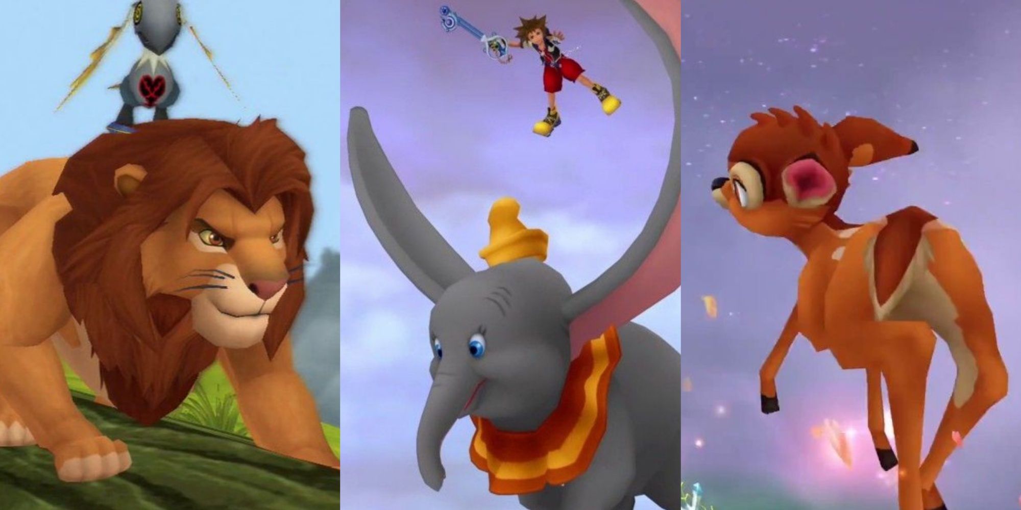 Split images of Simba, Dumbo, and Bambi in Kingdom Hearts