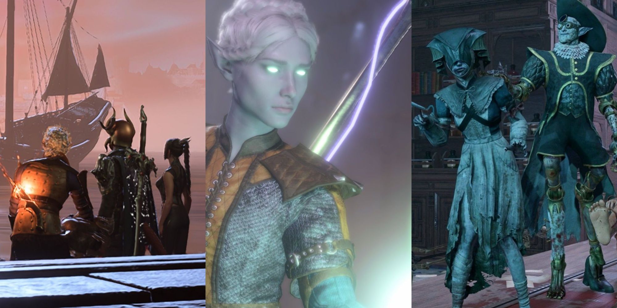 Split images of the BG3 party looking at a sunset, Cleric casting Speak With Dead, and Malus Throrm and his assistants in the House of Healing in Baldur’s Gate 3.