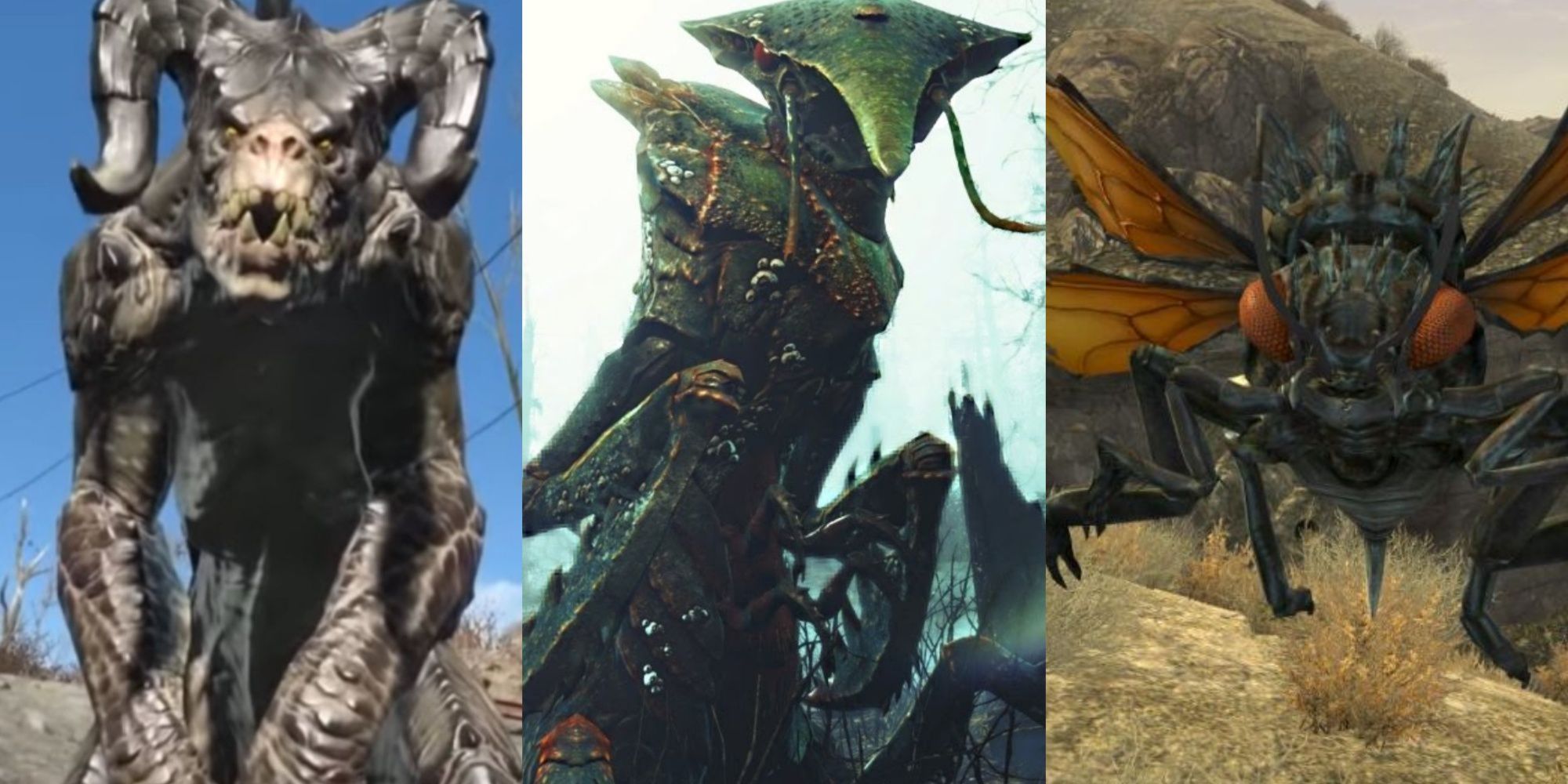 Split images of the Deathclaw, Fog Crawler, and Cazador monsters in the Fallout series