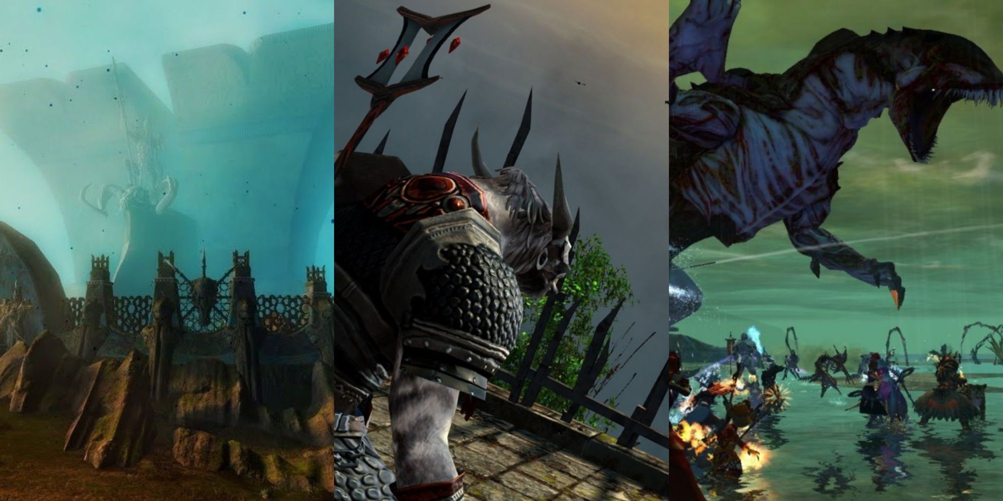 Split images of the istan great hall, Fractal, and tequatl the sunless boss fight in Guild Wars 2.