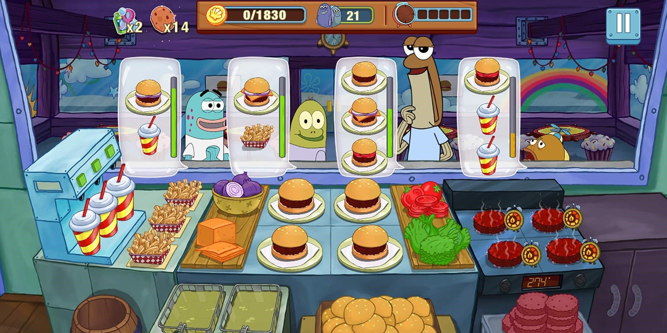 Spongebob Krusty Cookoff line of customers waiting for orders 