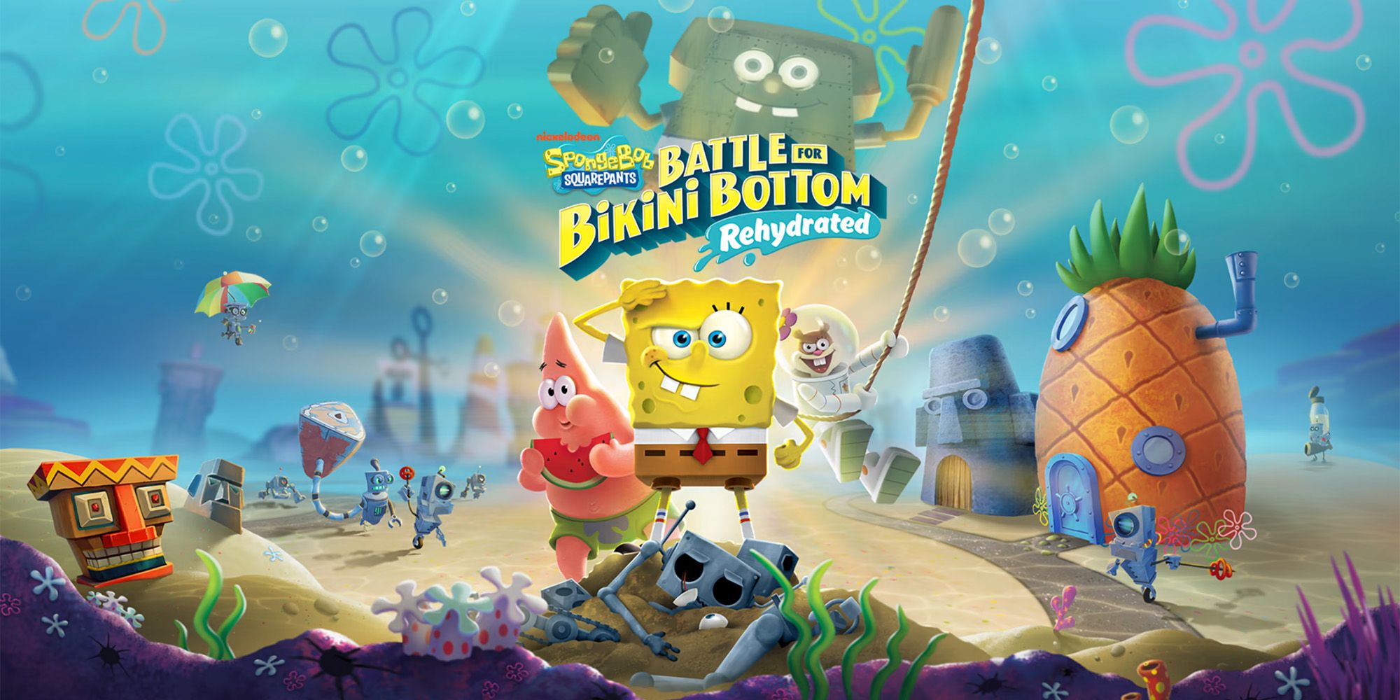 SpongeBob SquarePants: Battle for Bikini Bottom Rehydrated - SpongeBob, Patrick, And Sandy Standing In Front Of SpongeBob's House