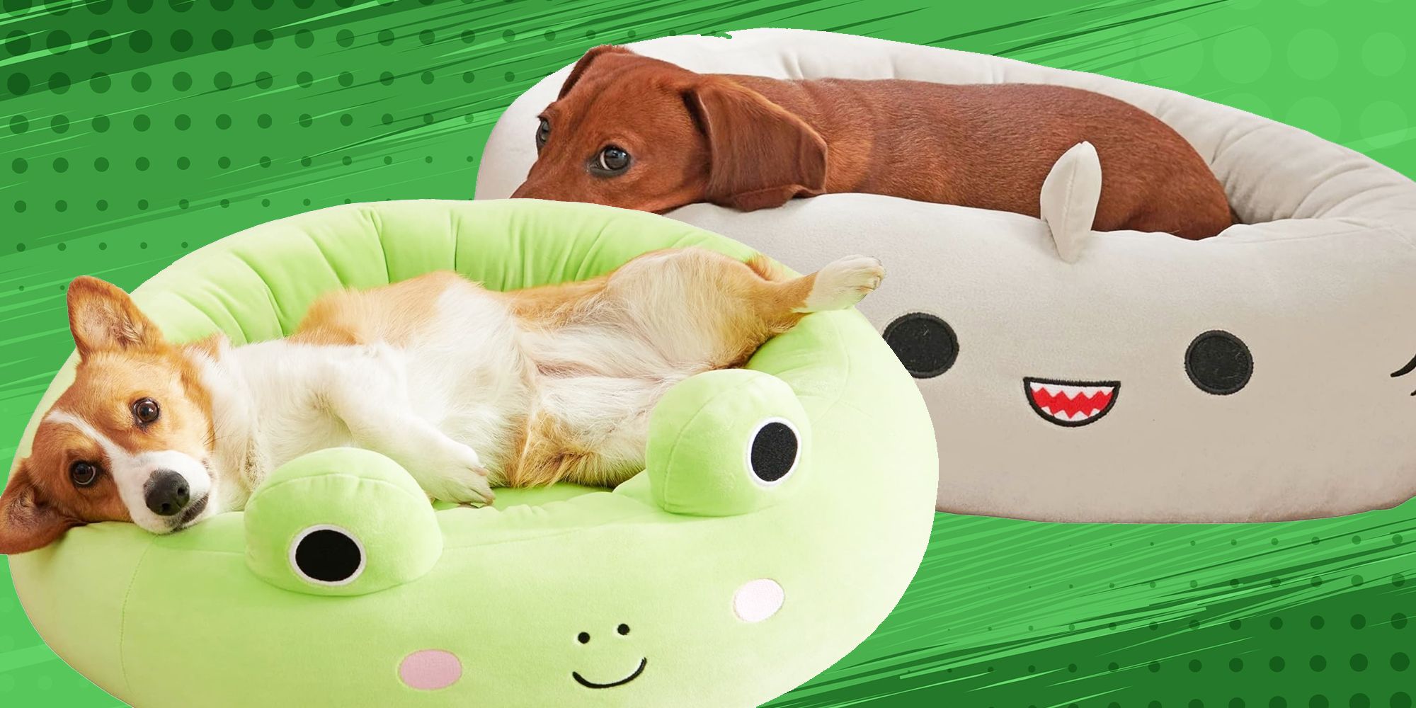two Squishmallow pet beds on a green background