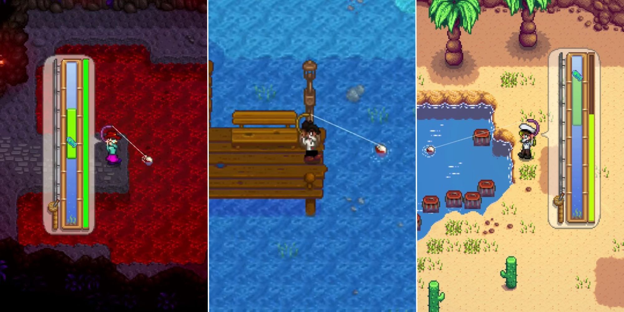 A collage showing a Stardew Valley character hunting in lava, on the beach, and in the desert.
