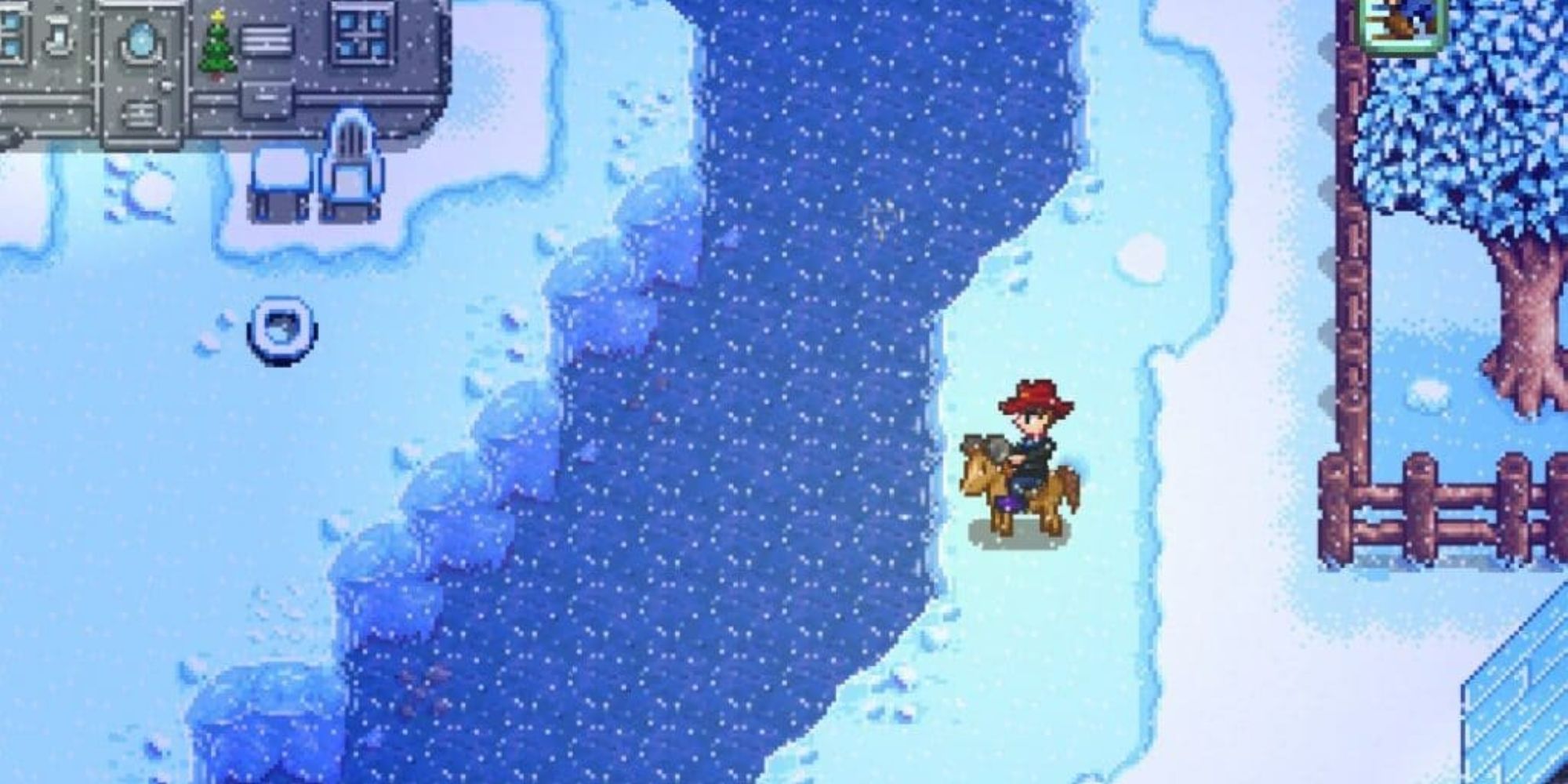 Stardew Valley character on a horse in front of the Town River during winter