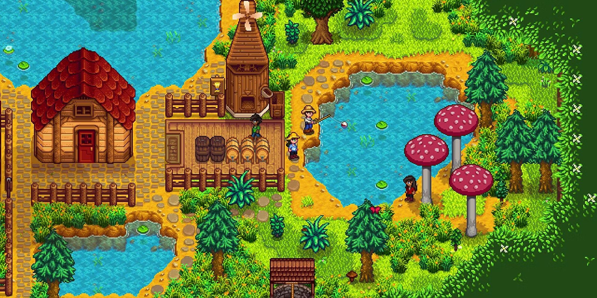 Two People Fishing In A Pond In Stardew Valley.