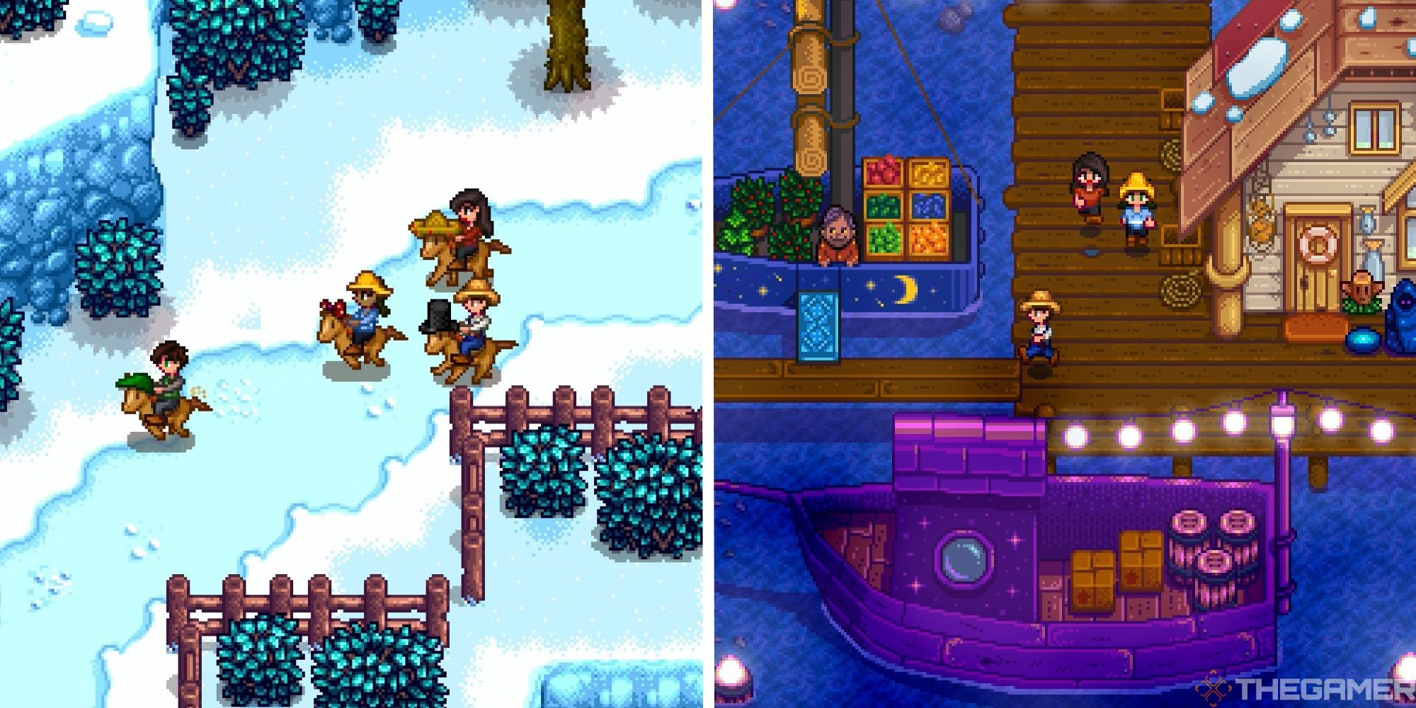 stardew valley split image showing players on horses next to image of players at winter night market