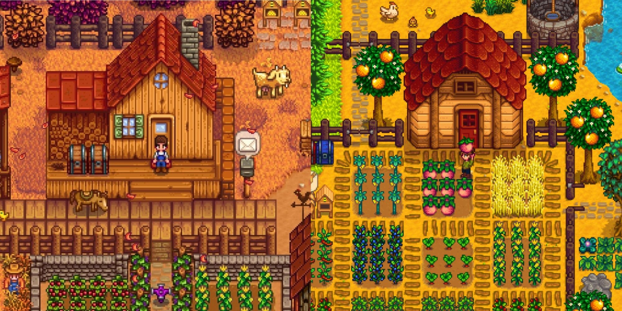 Two thriving farms in Stardew Valley