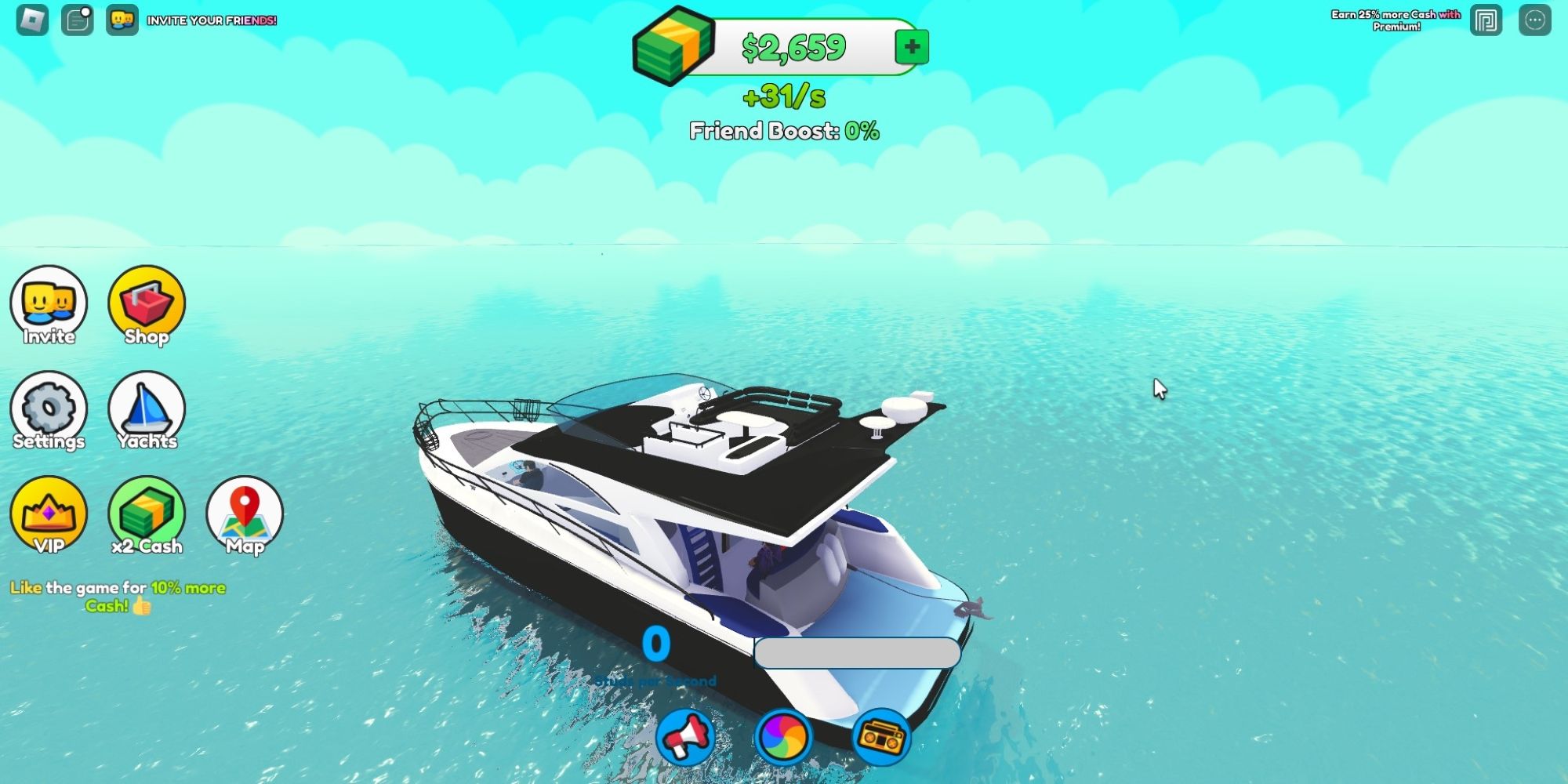 A Starter Yacht sails the sea to Treasure Island in the Roblox game, Mega Yacht Tycoon.