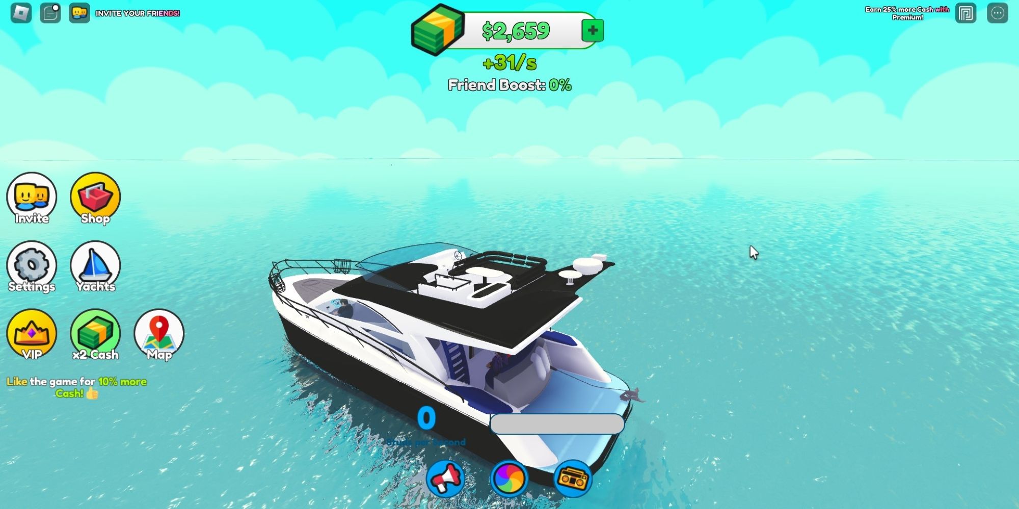 Im Roblox-Spiel Mega Yacht Tycoon segelt eine Starter-Yacht über das Meer zur Schatzinsel.