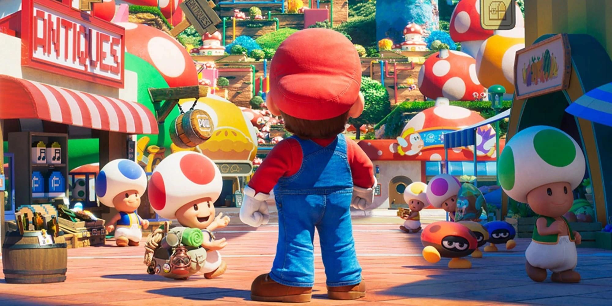 Mario looks up at the Mushroom Kingdom in the Illumination Animated movie