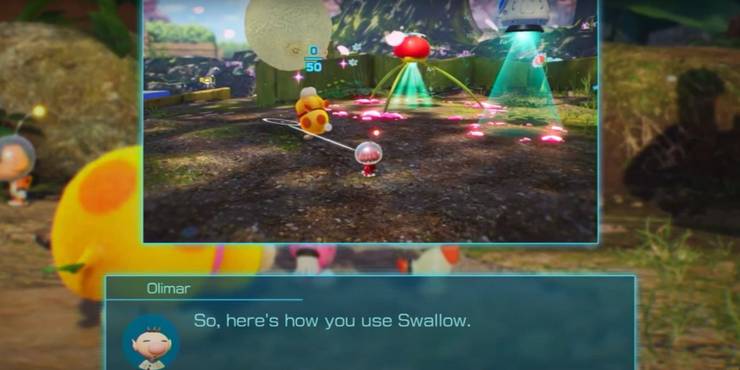 Captain Olimar explains an ability to the player through a blue text box and example video.