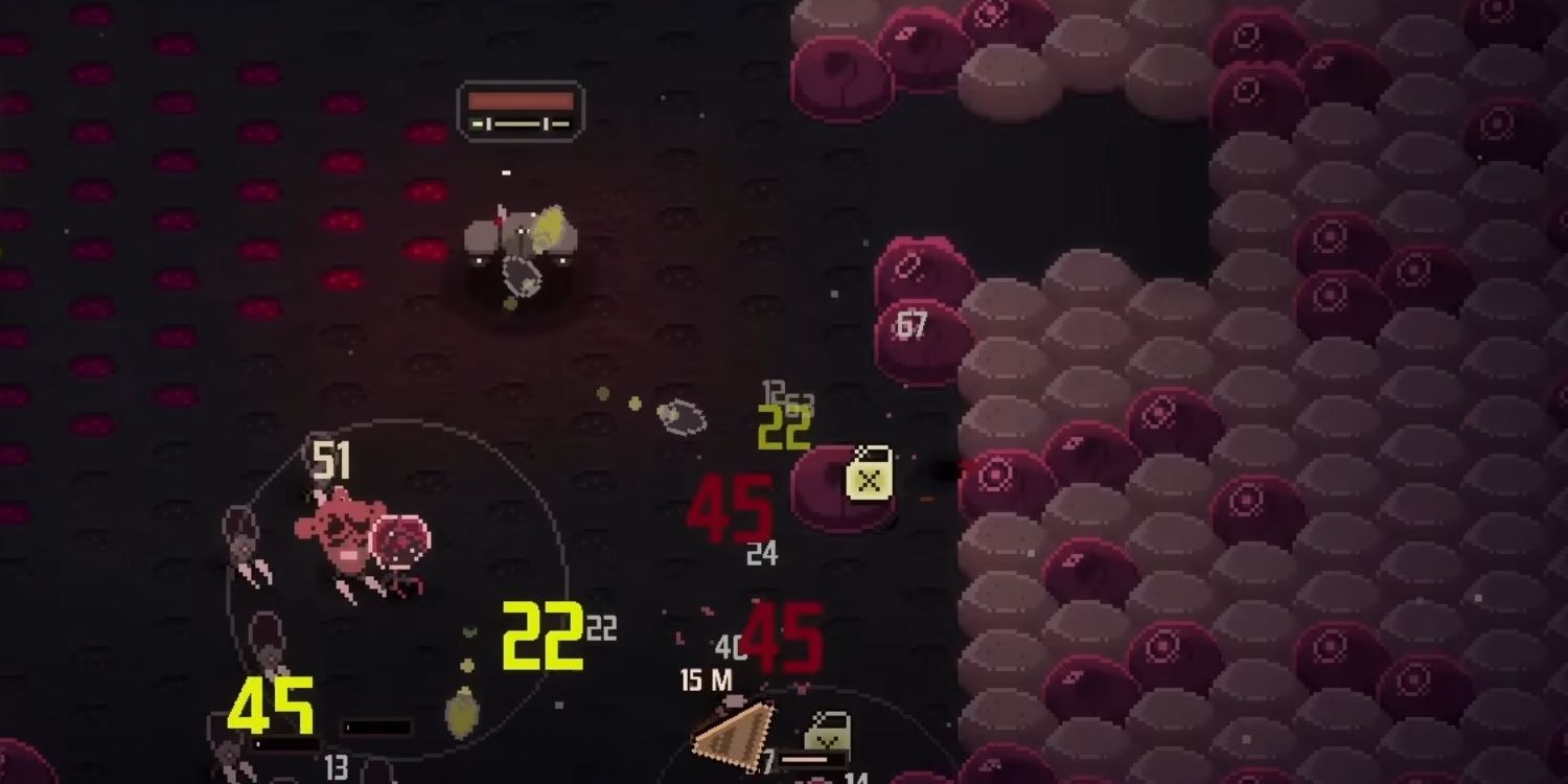 Swarm Grinder gameplay. The right side is populated by unpopped cells. the bottom are enemies. Numbers are damage values.