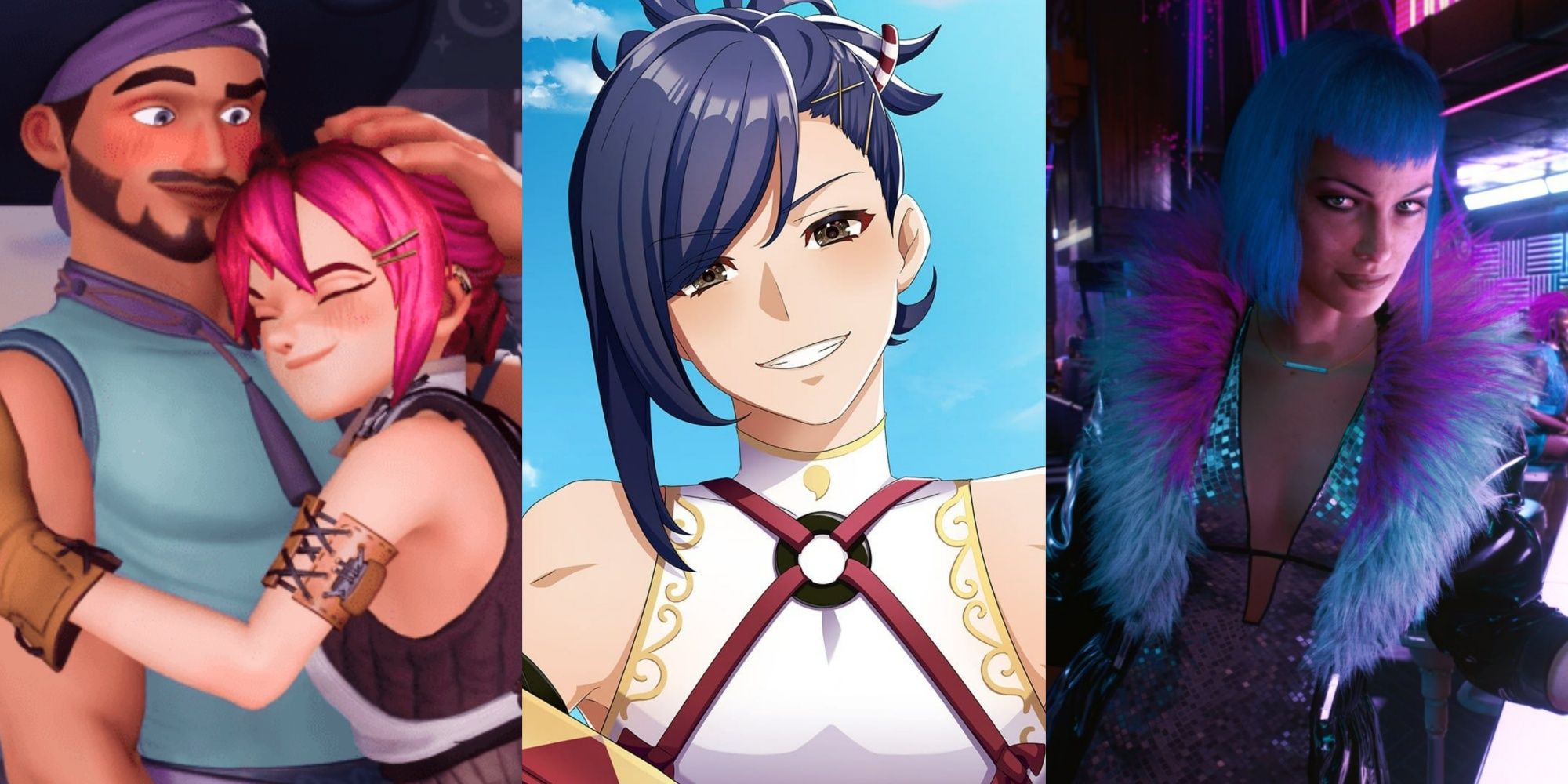 Sylvia hugging Corsac in Potionomics, Kagetsu grinning at the viewer in Fire Emblem Engage, and Evelyn smiling at the camera in Cyberpunk 2077