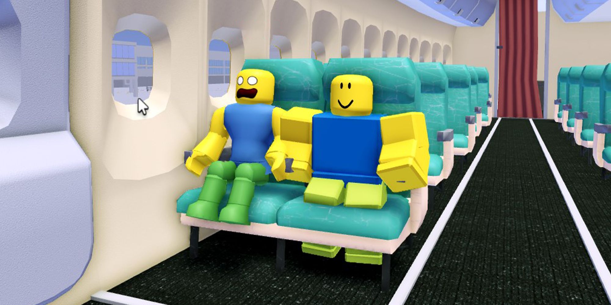 Two passengers take their seats near the emergency exit of an airplane in the Roblox game, Survive A Plane Crash.