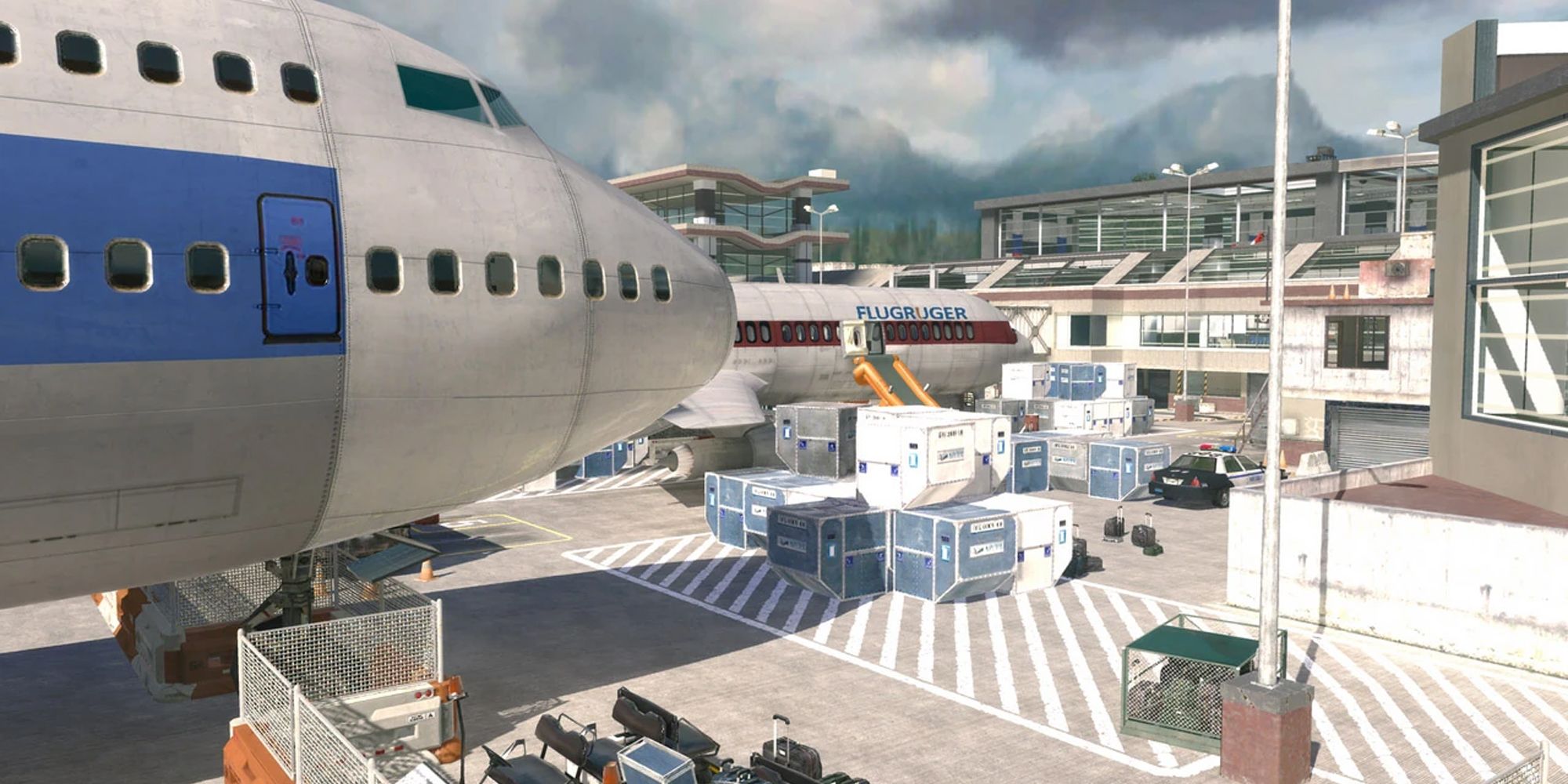 Call of Duty: Modern Warfare 2 Terminal map screenshot, showing two planes at an airport surrounded by cargo