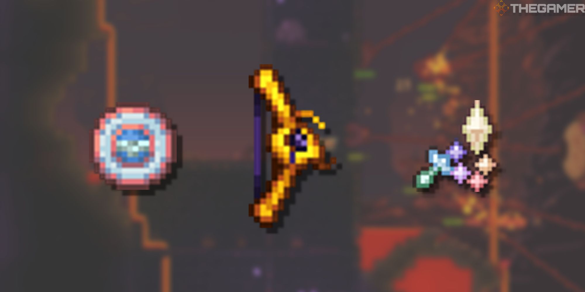 terraria best classes featured image showing sergeant united shield, the bees knees, and kaleidoscope