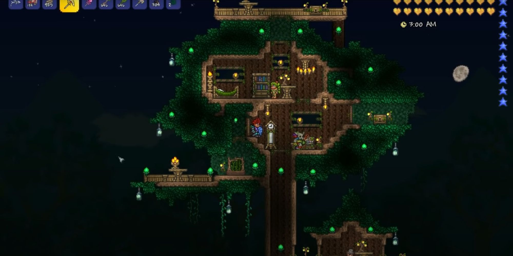 An image from Terraria of a Giant Treehouse, with different rooms built within the thick brances and leaves of the tree.