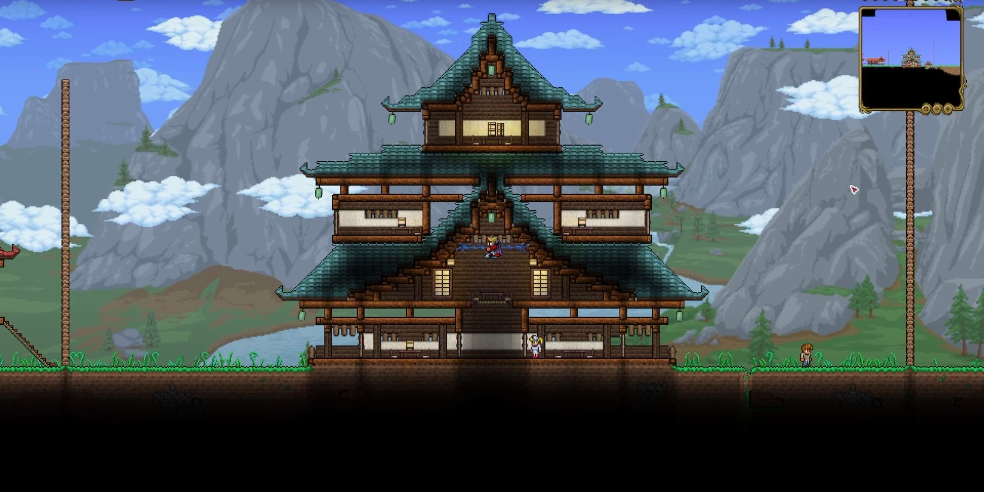 An image from Terraria of a Japanese Home, inspired by the designs found at traditional Japanese temples.