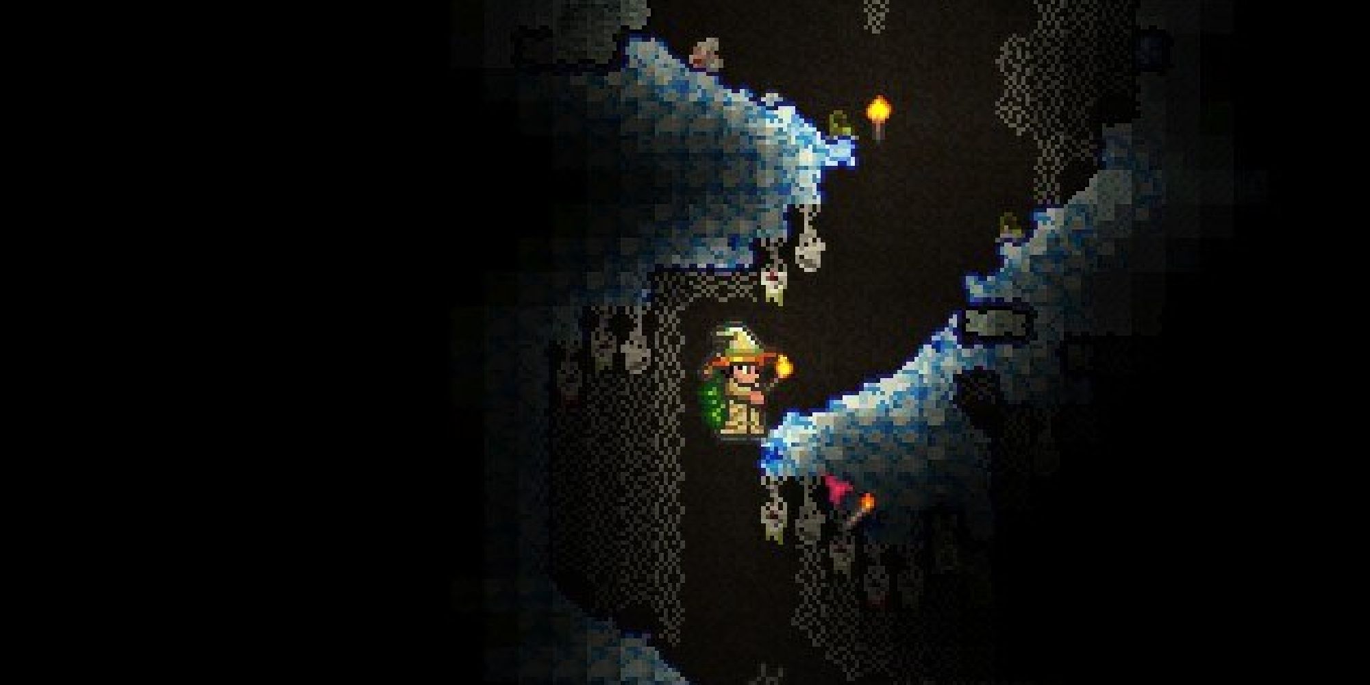 Terraria Player Wearing Rune Wizard Outfit Holding A Torch In Underground Tundra Among Spiderwebs