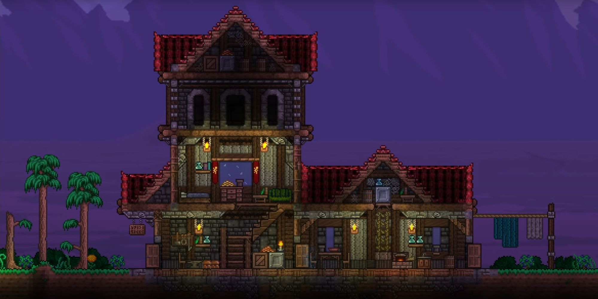 An image from Terraria of a house with a distincitve red roof. This larger structure is made out of stone, and features a second floor that holds provides extra room for storage. 