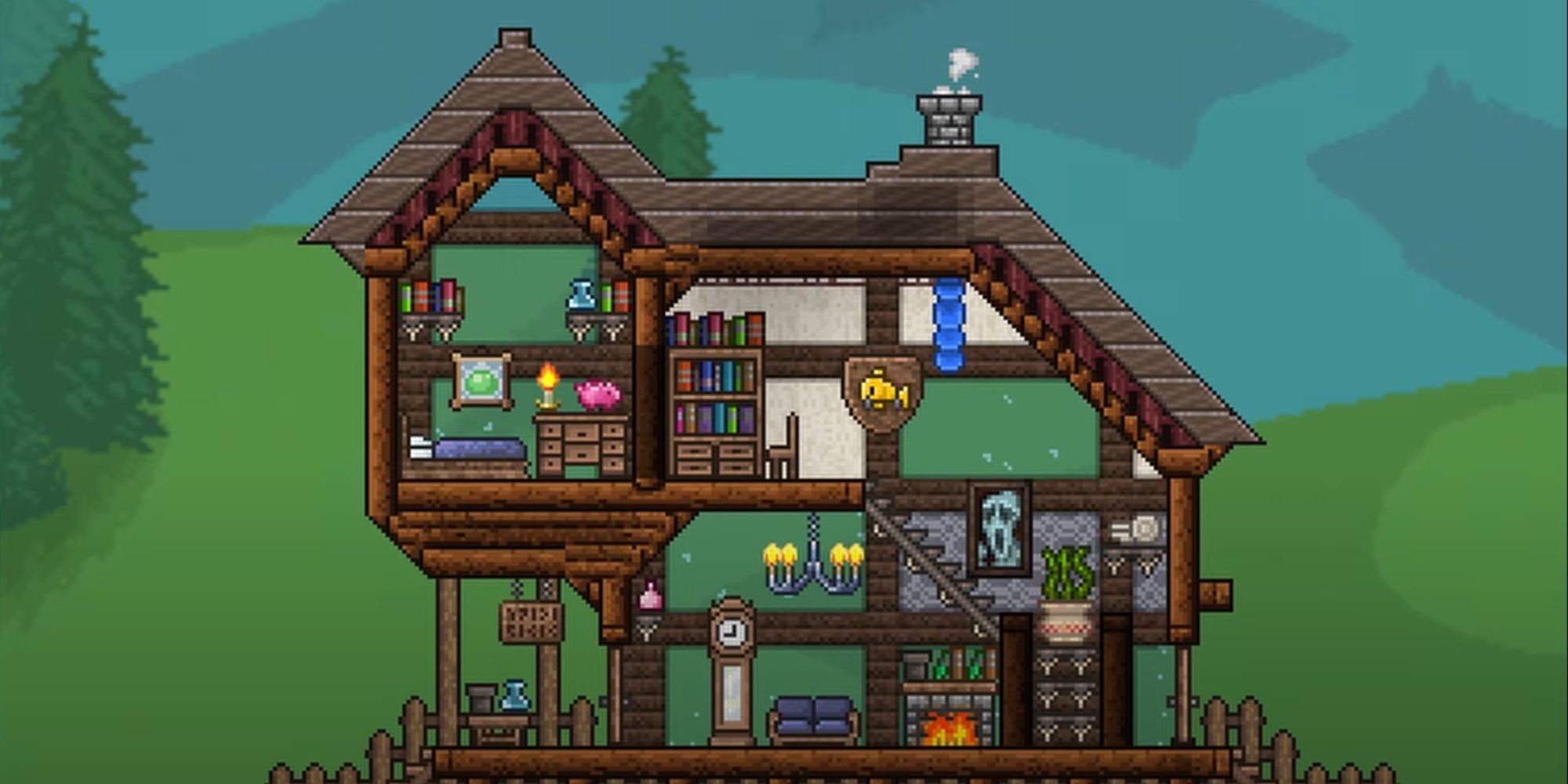 An image from Terraria of a Small Starter Home. This small home is made up of two short levels, with a gray roof and basic decorations. 