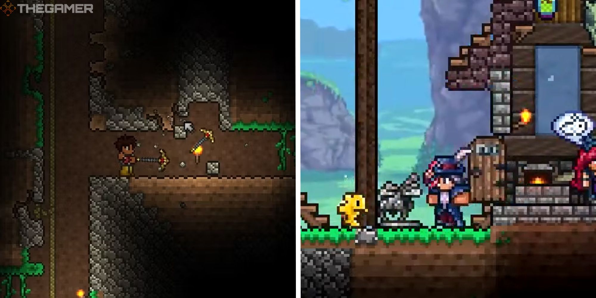 terraria split image showing player mining next to image of wandering trader