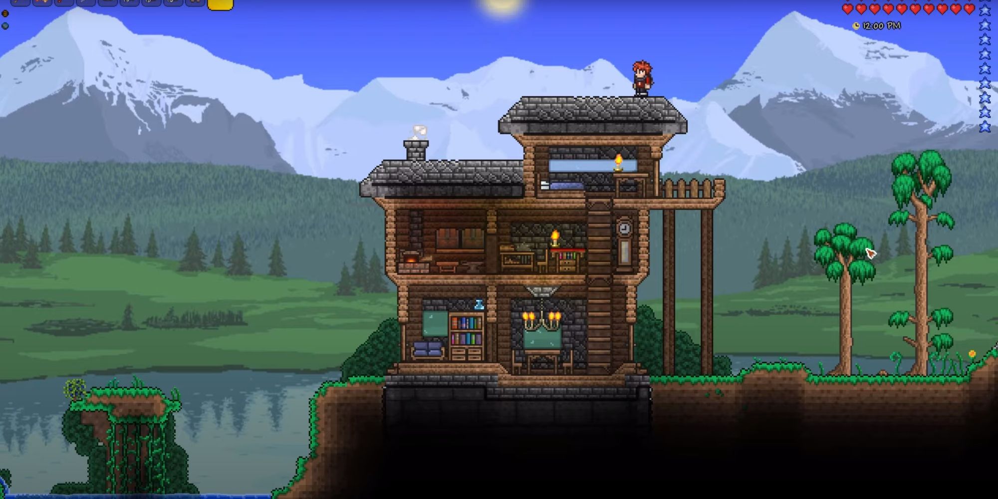 An image from Terraria of a Tall Wooden Home. This house is made completley out of wood, with a dark roof and features a large and high wooden balcony.