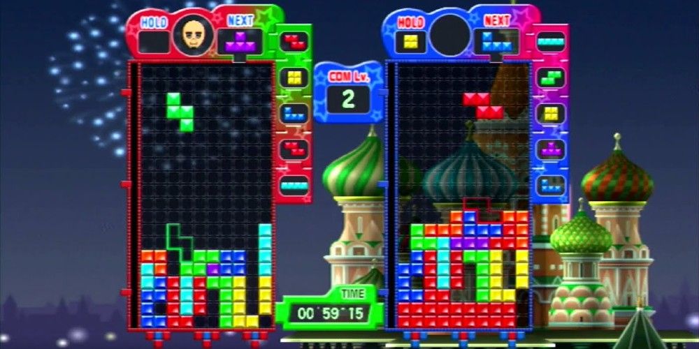 A screenshot showing off the Tetris Party Deluxe head-to-head mutliplayer mode with two Tetris stages side by side