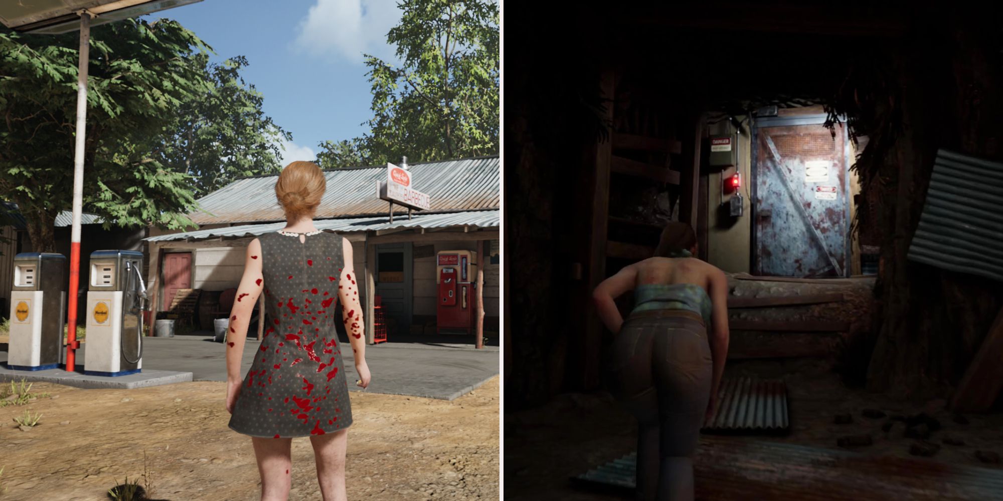 Left, Sissy stands outside the main road exit to the Gas Station. Right, Julie looks at the basement door exit.