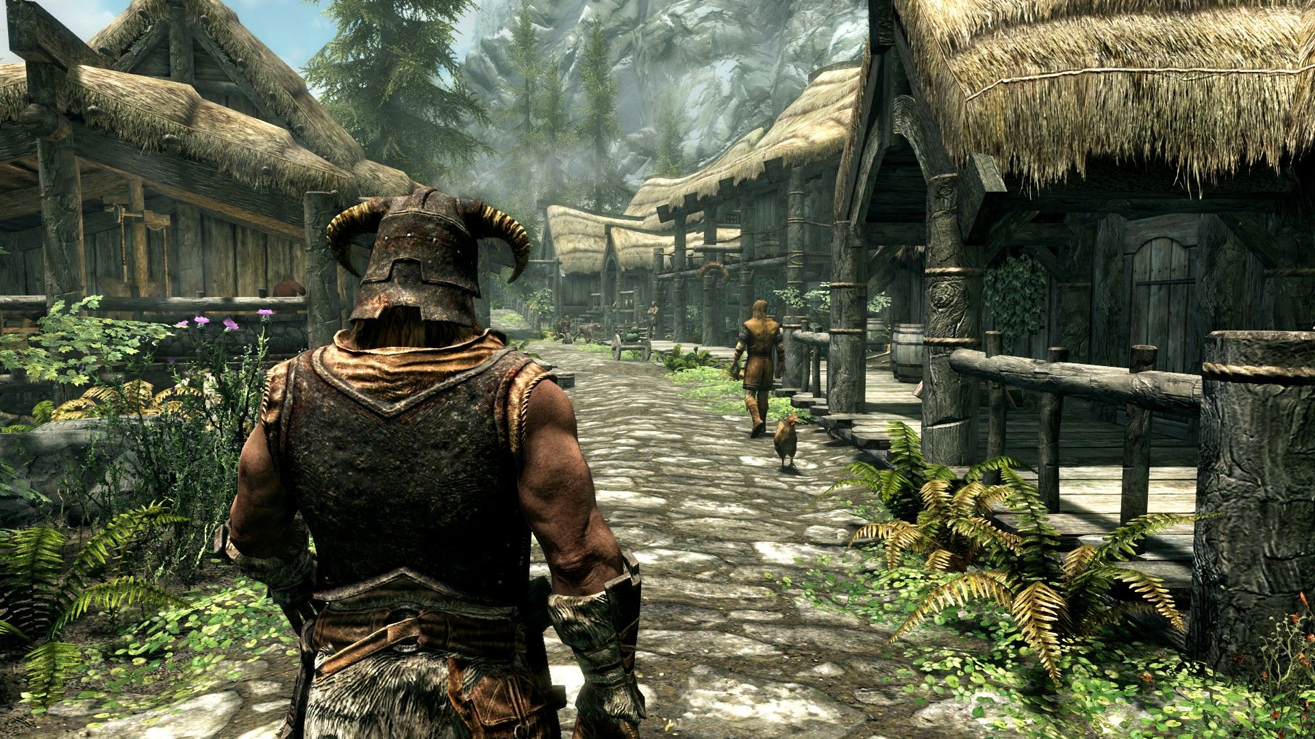 Dragonborn در خیابان های Riverwood قدم می زند.